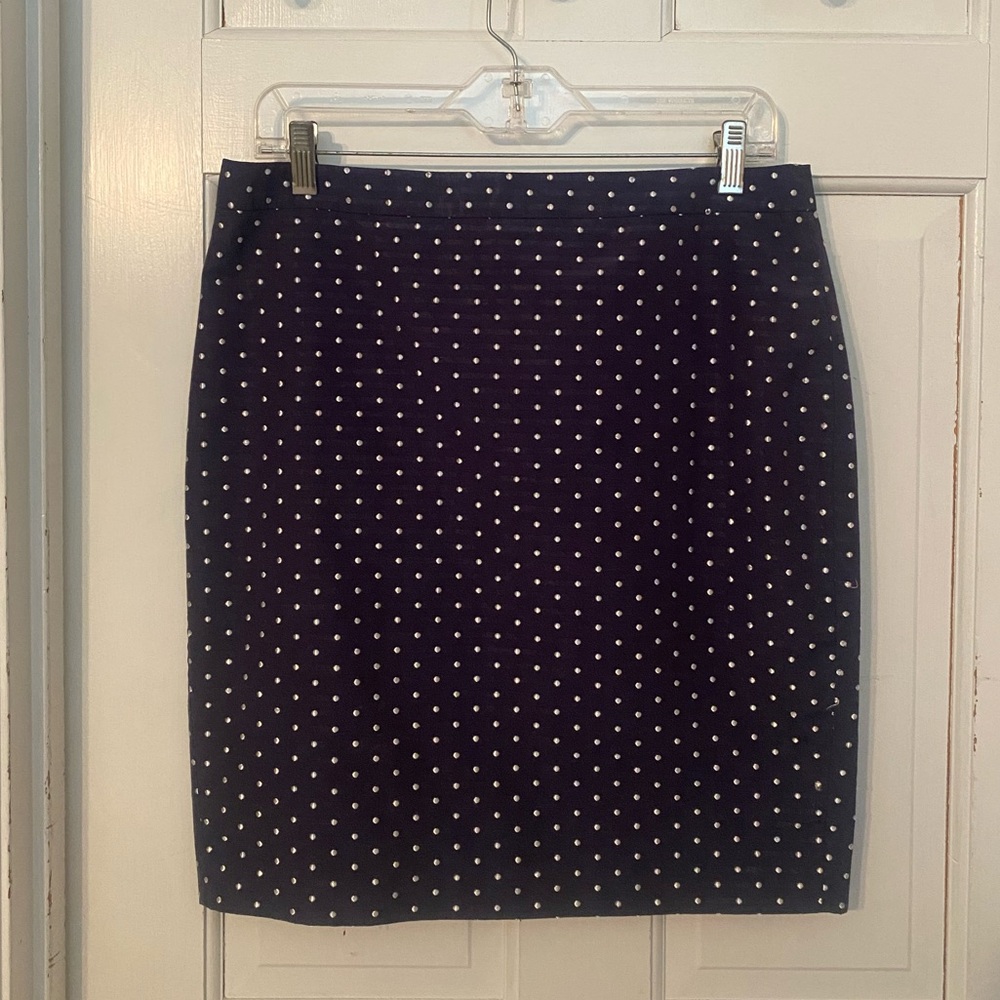 LOFT Skirt Navy Blue w/ Silver Polka Dots sz 8